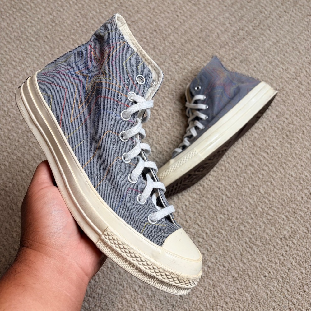 Converse Chuck 70 High Top Grey Denim Rainbow Star Embroidered 164964C Mens 9.5